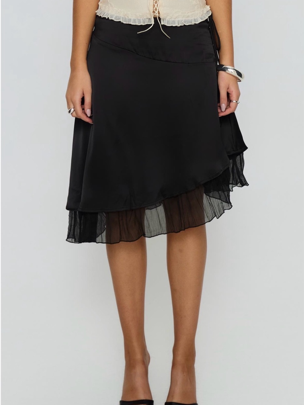 Princess Polly Black Chiffon Trim Satin Midi Skirt